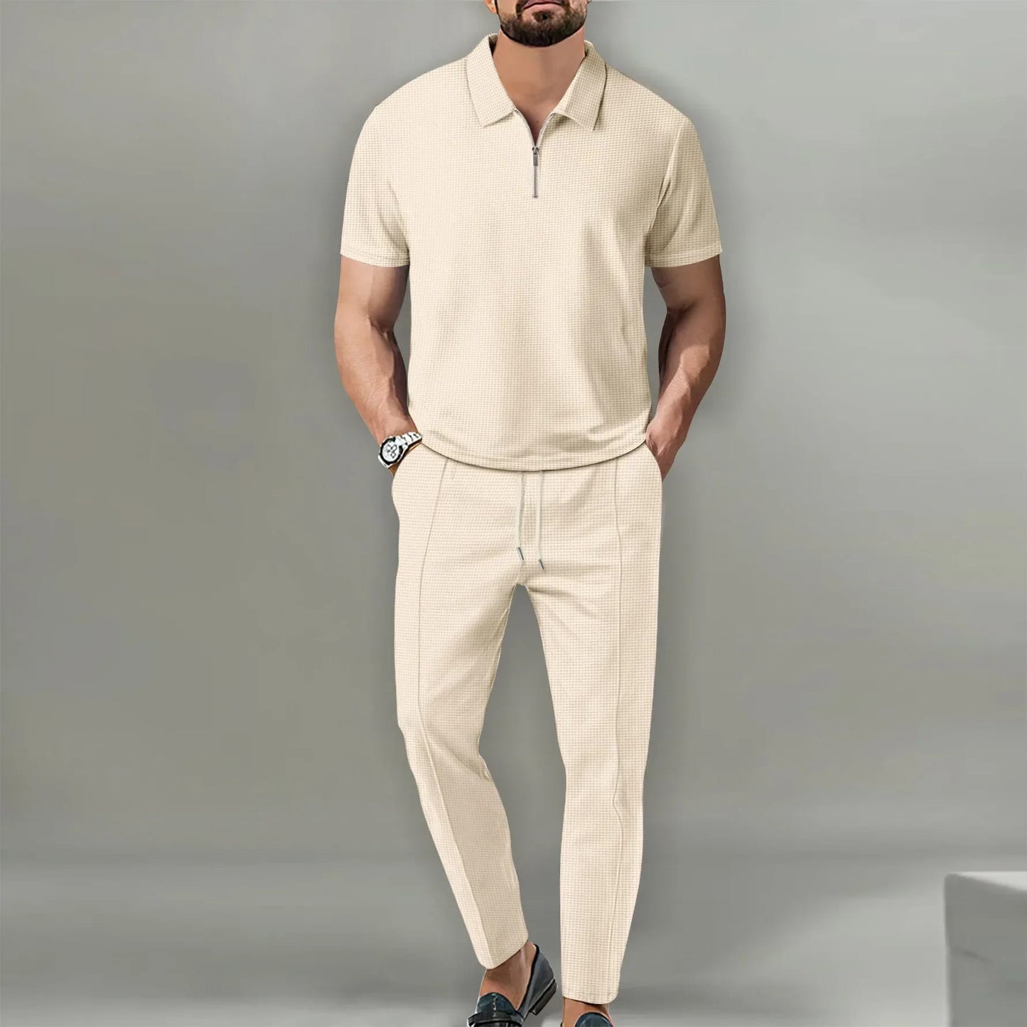 Conjunto Casual de Hombre Textura Waffle (2 Piezas). Nueva colección, estilo Europeo/Americano. Incluye camiseta de cuello cómodo y pantalón deportivo con cierre. Color sólido, máximo confo