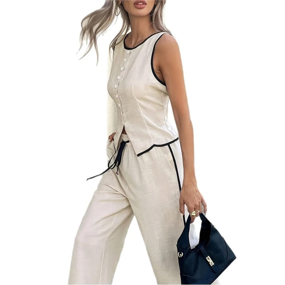 Conjunto de Verano Mujer: Chaleco sin Mangas Abotonado y Pantalón Ancho Suelto con Cordón. Traje Femenino de Moda de 2 Piezas.