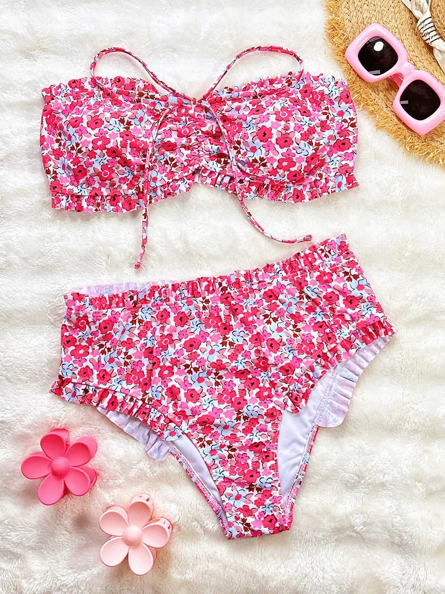 Bikini Bandeau Mujer con Volados y Estampado Floral tiro Alta