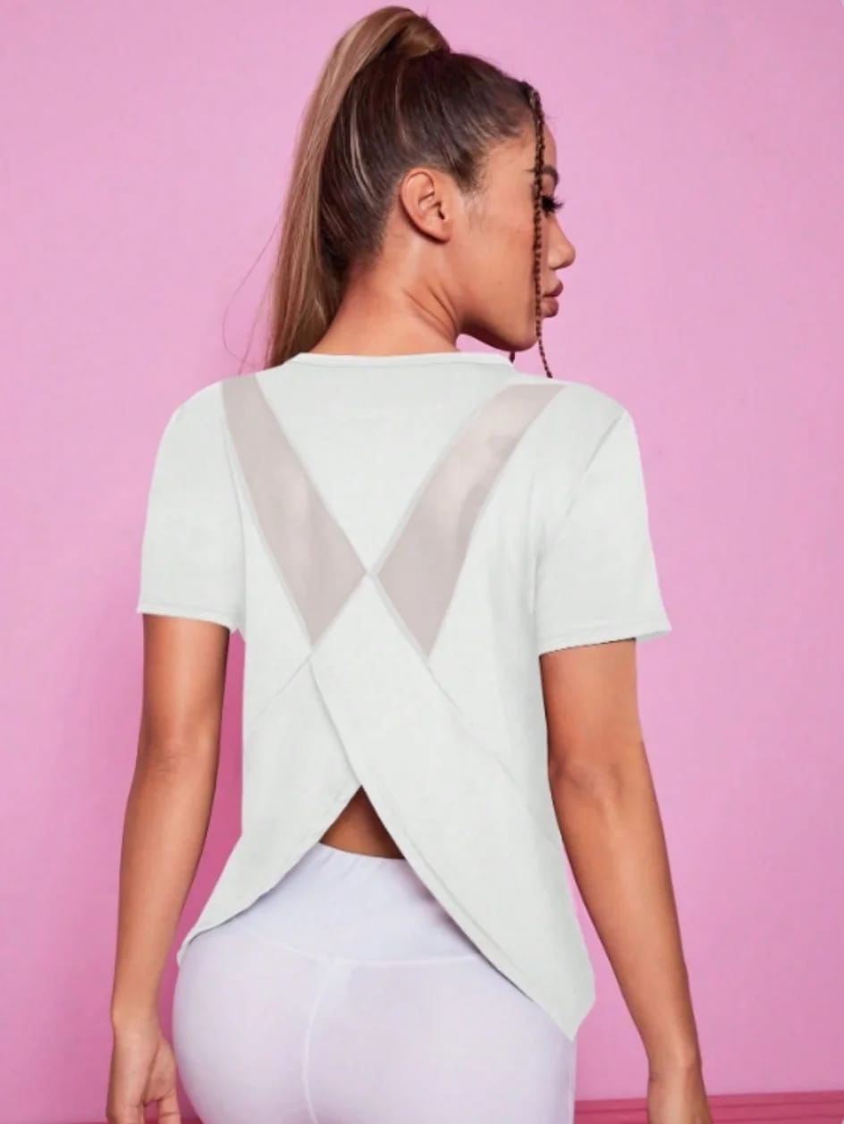 Remera deportiva de manga corta para mujer, ideal para yoga y fitness. Holgada, transpirable, de secado rápido y con espalda de red, perfecta para el verano.