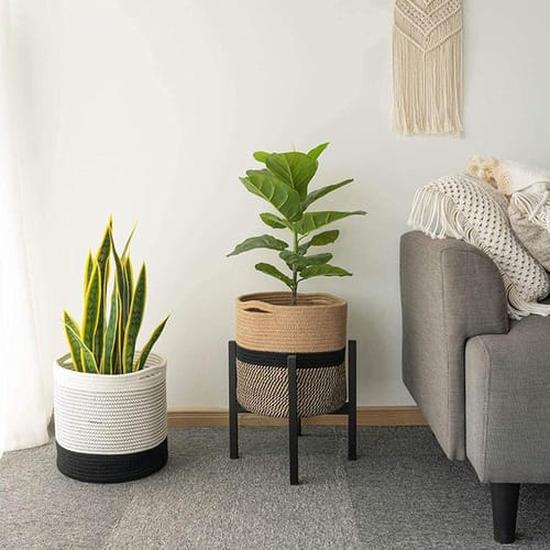 Maceta yute / ratan con asas diseño cilindrico simple bitono