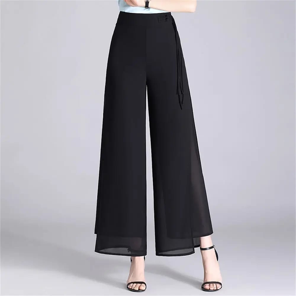 Pantalon dama palazo, tiro alto, pierna ancha, corte holgado y drapeado con abertura lateral