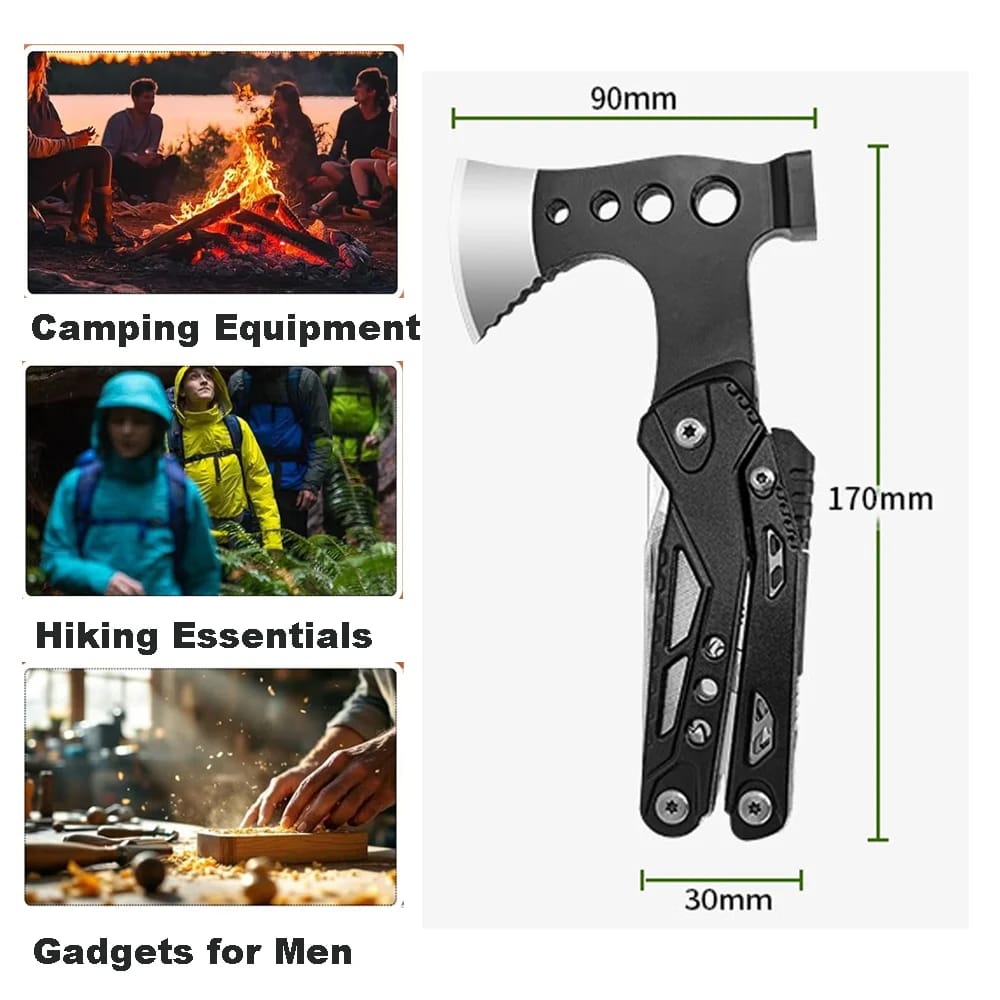 Pinza Multifuncional para Camping y Supervivencia, Herramienta de Mano Plegable con Hacha, Martillo, Cuchillo de Acero Inoxidable. Ideal para Actividades al Aire Libre y Caza. Regalo para Hombre.