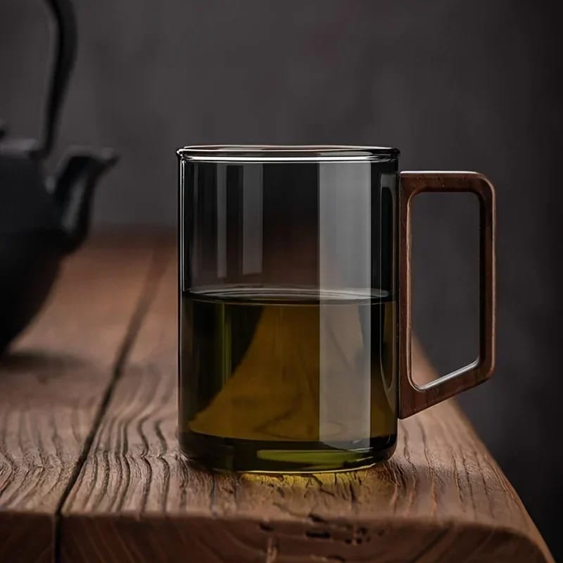 Taza de Vidrio 400ml con Asa de Madera de Nogal. Resistente al Calor, Gran Capacidad para Hogar y Oficina. Ideal para Té.