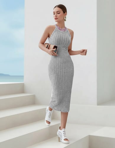 Vestido Midi Ajustado Con Cuello Halter Liso