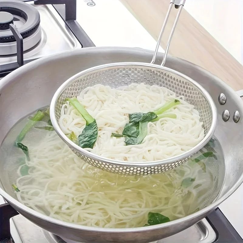 Stainless Steel Colander with Wooden Handle - Fine Mesh Skimmer Spoon for Cooking, Food Prep Grease Filtering for Pasta Noodles