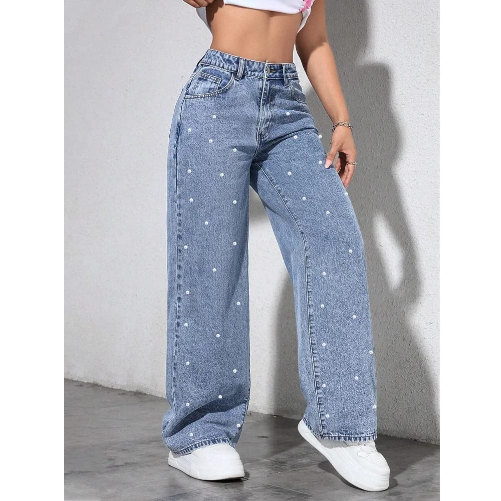 Pantalones de Jean de Mujer Tiro Alto Rectos con Perlas, Estilo de Moda