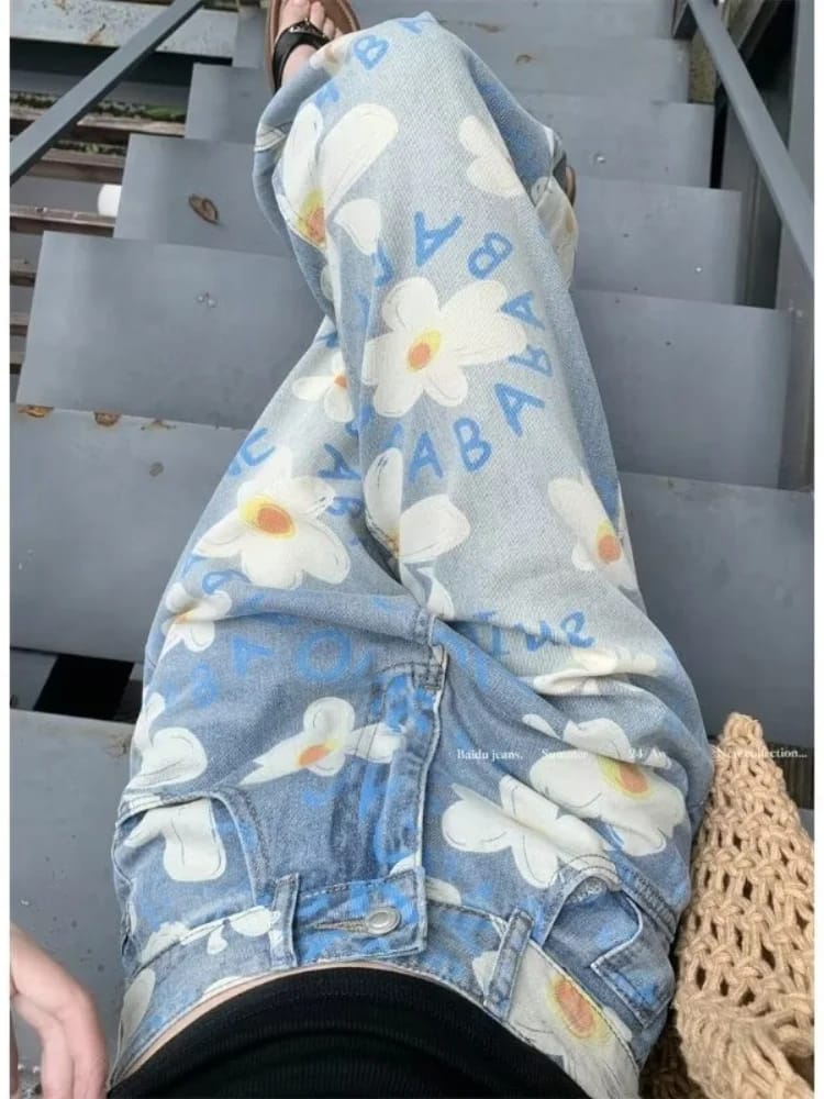 Pantalones Jeans Baggy de Mujer con Estampado Floral Completo, Lavado Azul, Estilo Y2K Kpop Casual Recto