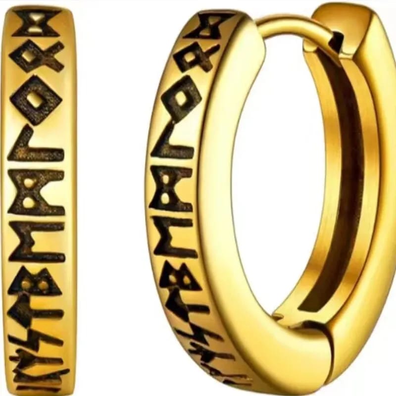 Aros de Acero Inoxidable Vikingos con Runas Nórdicas para Hombre y Mujer Unisex. Aretes tipo Huggie de 12mm. Joyería de estilo nórdico. - SD