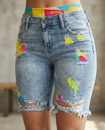 Calza dama corta de jean con bordes y detalle