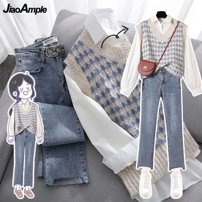 Conjunto mujer casual camisa blanca , chaleco de hilo + Jean