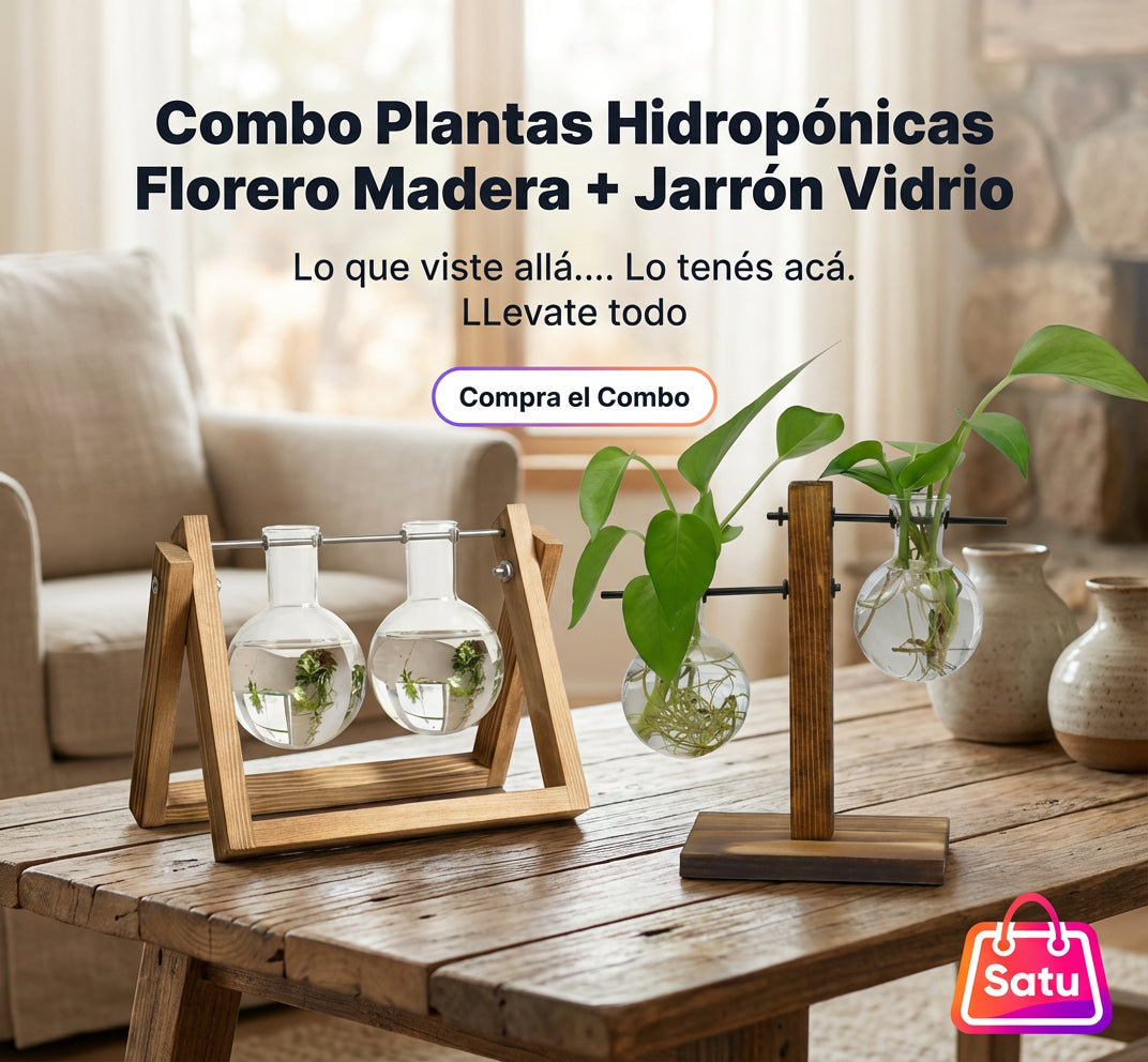 Combo Plantas Hidropónicas Florero Madera + Jarrón Vidrio