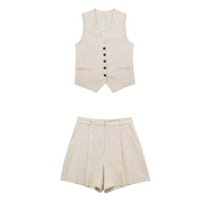 Conjunto dama lino chaleco corto y short - Blanco