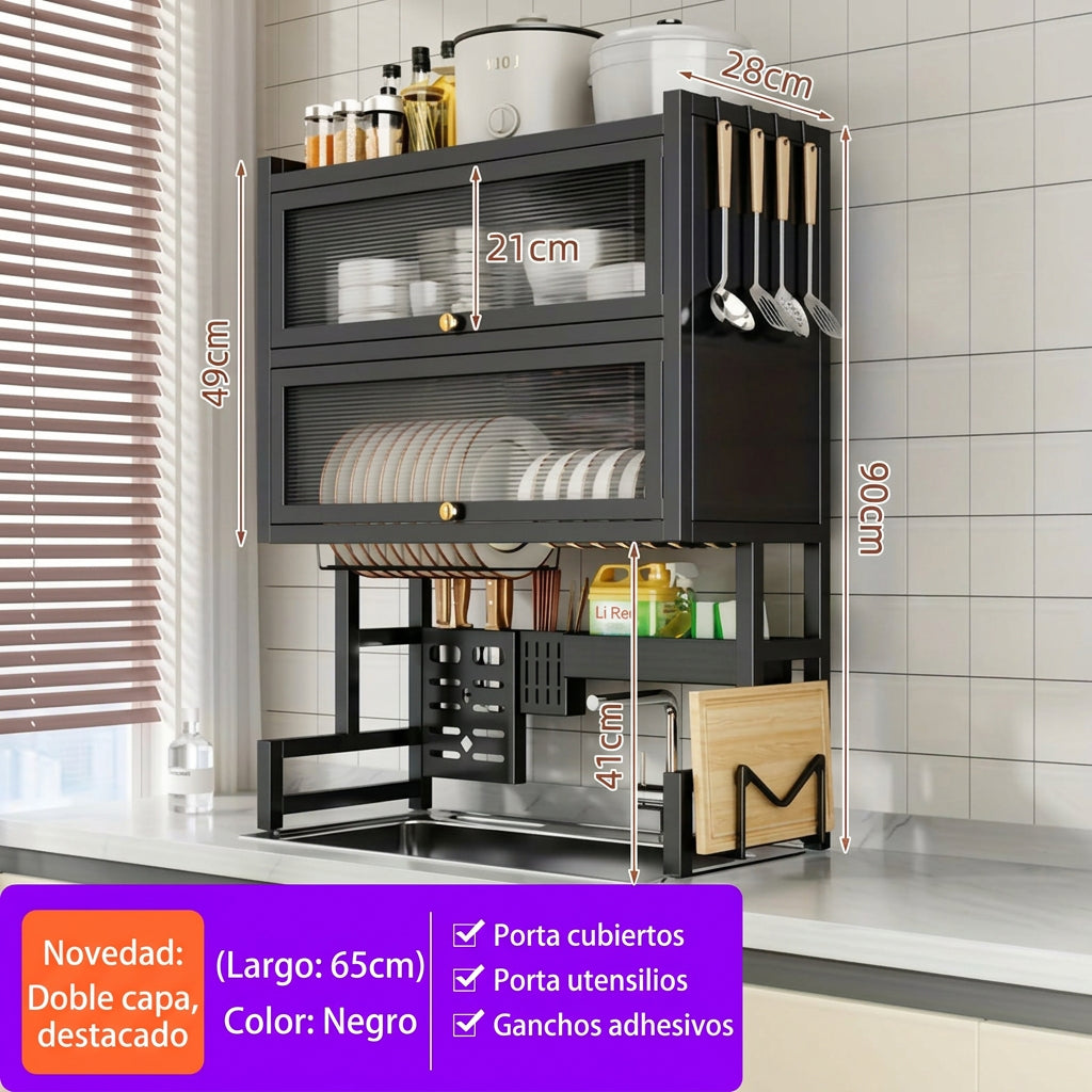 Secaplatos Organizador de Cocina con Porta Cubiertos para Fregadero. De Acero al Carbono Antipolvo, ideal para Platos, Bowls y Tablas de Picar.