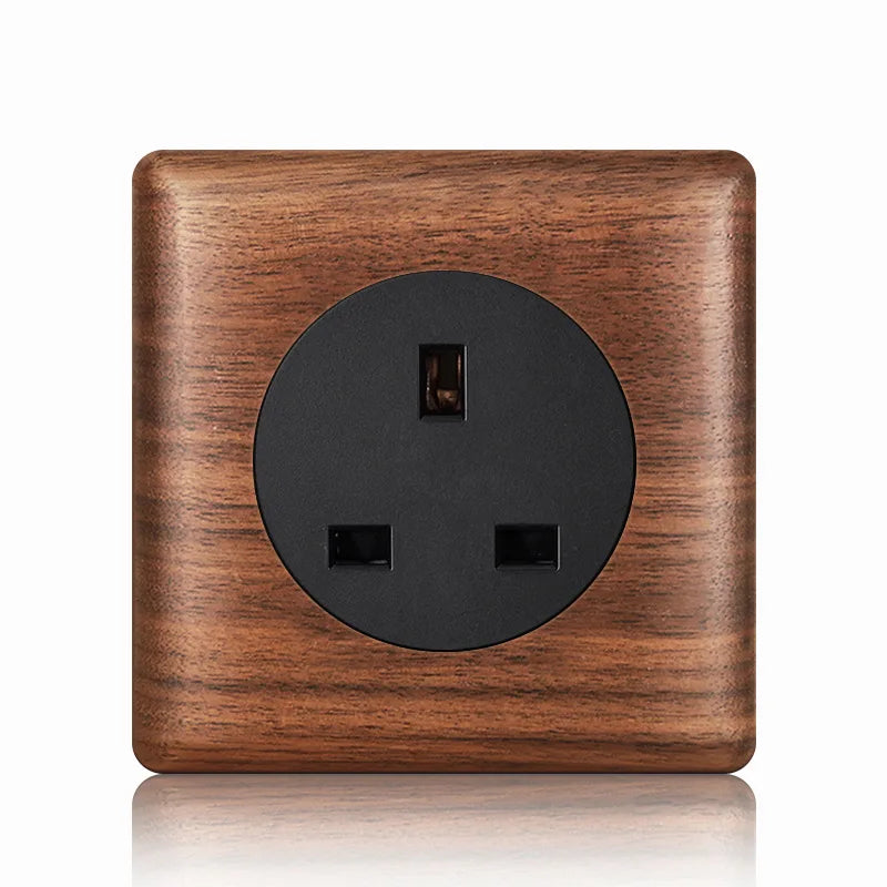 Placa de Interruptor y Toma de Luz LED Estilo Victoriano con Palanca de Madera Antigua y Brillo Nocturno. Doble Módulo, Estándar EU.