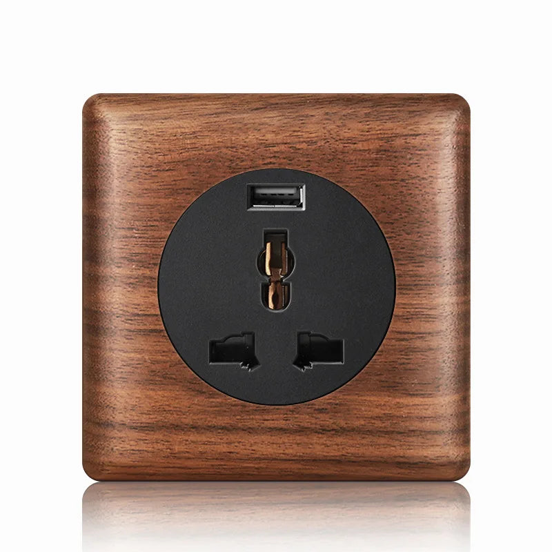Placa de Interruptor y Toma de Luz LED Estilo Victoriano con Palanca de Madera Antigua y Brillo Nocturno. Doble Módulo, Estándar EU.
