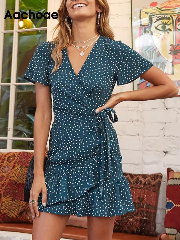 Vestido dama pintitas corto con mangas