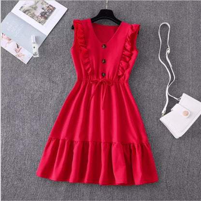 Vestido dama liso corto con volado