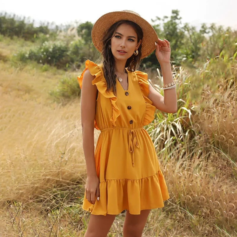 Vestido dama liso corto con volado