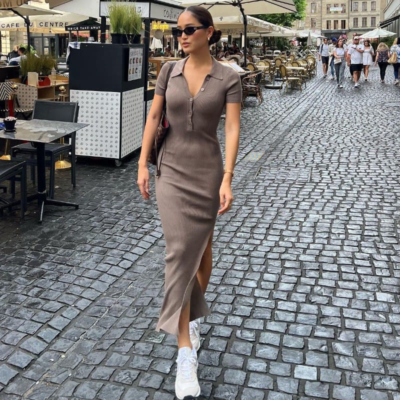 Vestido dama largo tejido con cuello polo