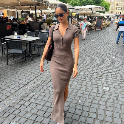 Vestido dama largo tejido con cuello polo