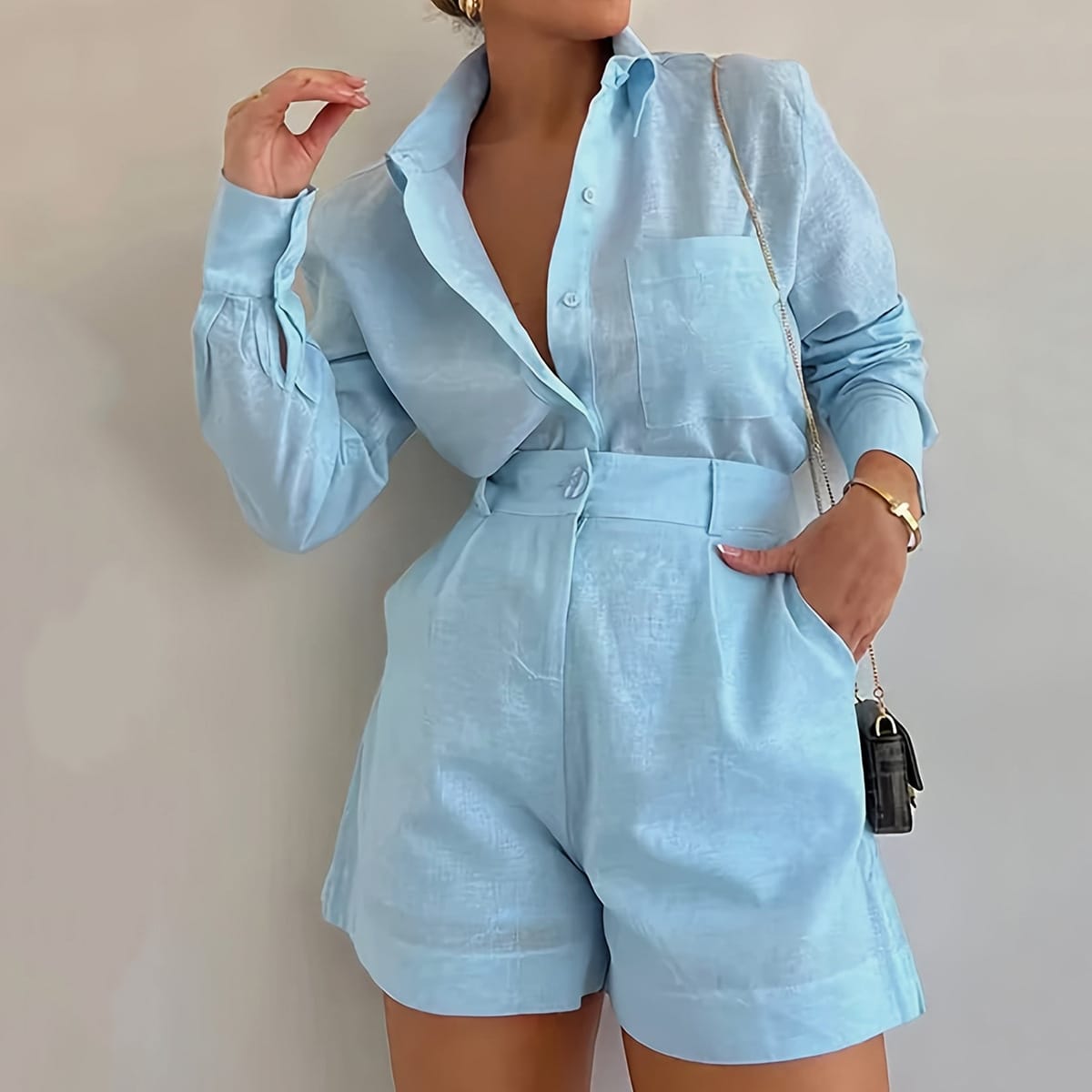 Conjunto dama short y camisa de ML  satin