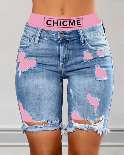 Calza dama corta de jean con bordes y detalle algodon