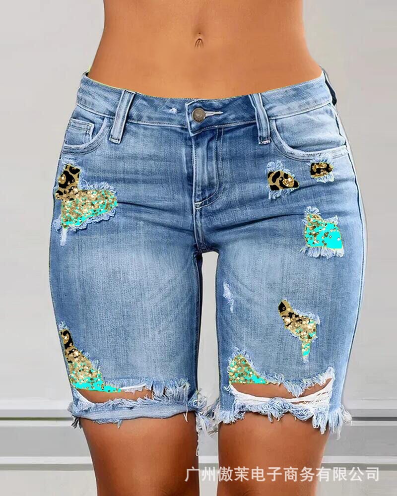 Calza dama corta de jean con bordes y detalle algodon