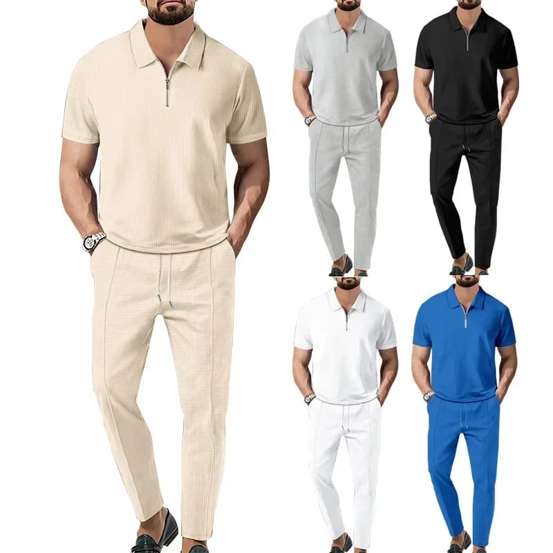 Conjunto Casual de Hombre Textura Waffle (2 Piezas). Nueva colección, estilo Europeo/Americano. Incluye camiseta de cuello cómodo y pantalón deportivo con cierre. Color sólido, máximo confo