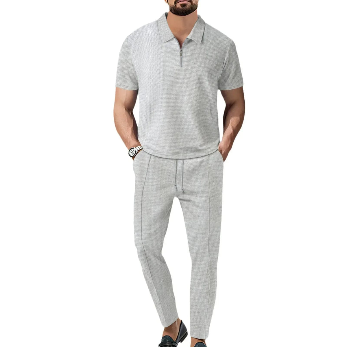 Conjunto Casual de Hombre Textura Waffle (2 Piezas). Nueva colección, estilo Europeo/Americano. Incluye camiseta de cuello cómodo y pantalón deportivo con cierre. Color sólido, máximo confo