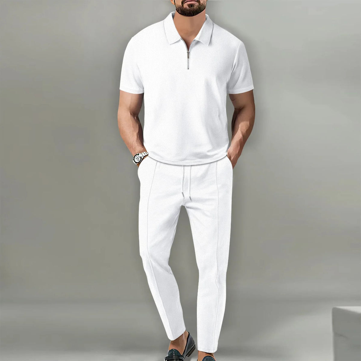 Conjunto Casual de Hombre Textura Waffle (2 Piezas). Nueva colección, estilo Europeo/Americano. Incluye camiseta de cuello cómodo y pantalón deportivo con cierre. Color sólido, máximo confo