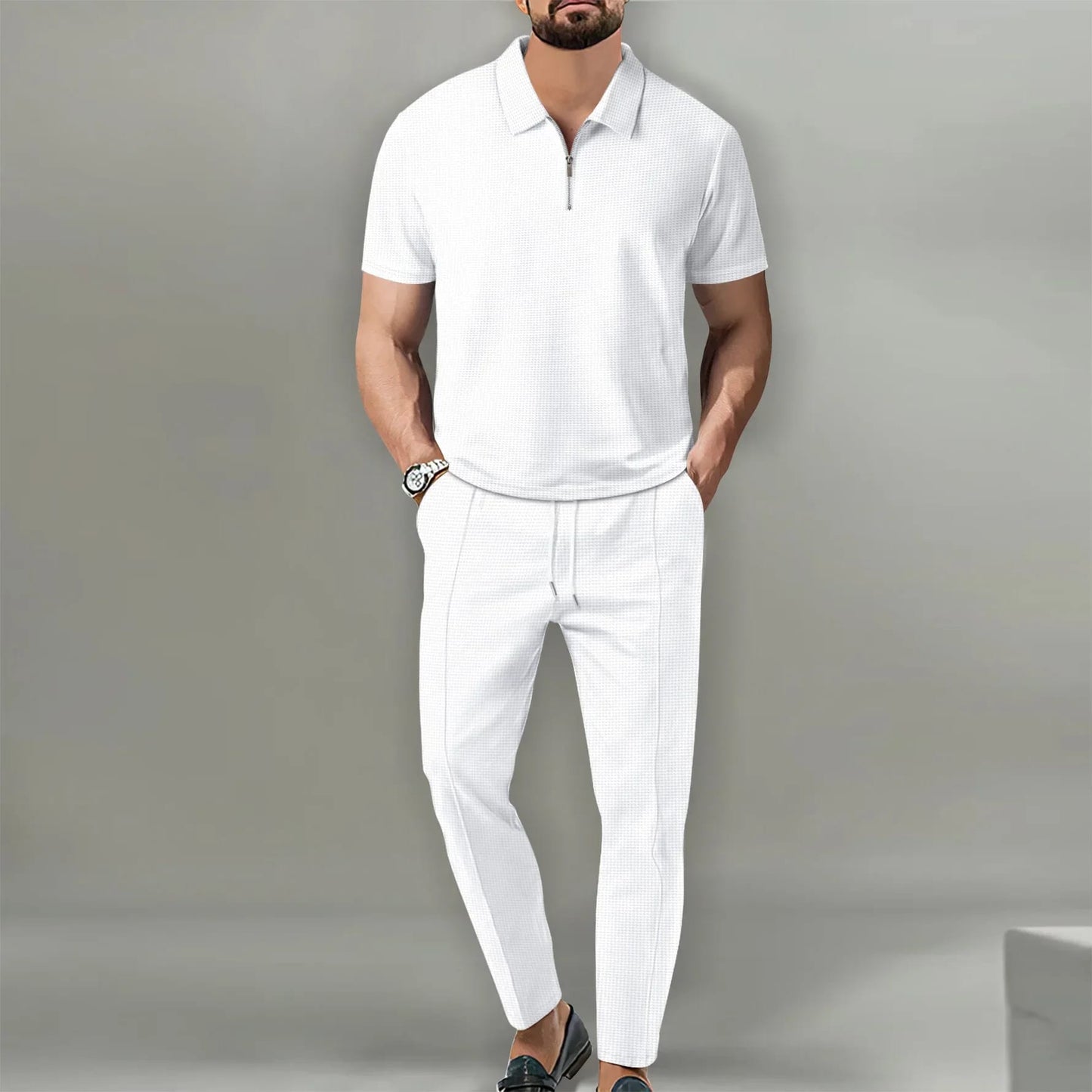 Conjunto Casual de Hombre Textura Waffle (2 Piezas). Nueva colección, estilo Europeo/Americano. Incluye camiseta de cuello cómodo y pantalón deportivo con cierre. Color sólido, máximo confo