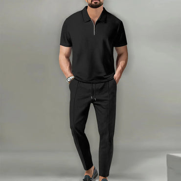 Conjunto Casual de Hombre Textura Waffle (2 Piezas). Nueva colección, estilo Europeo/Americano. Incluye camiseta de cuello cómodo y pantalón deportivo con cierre. Color sólido, máximo confo