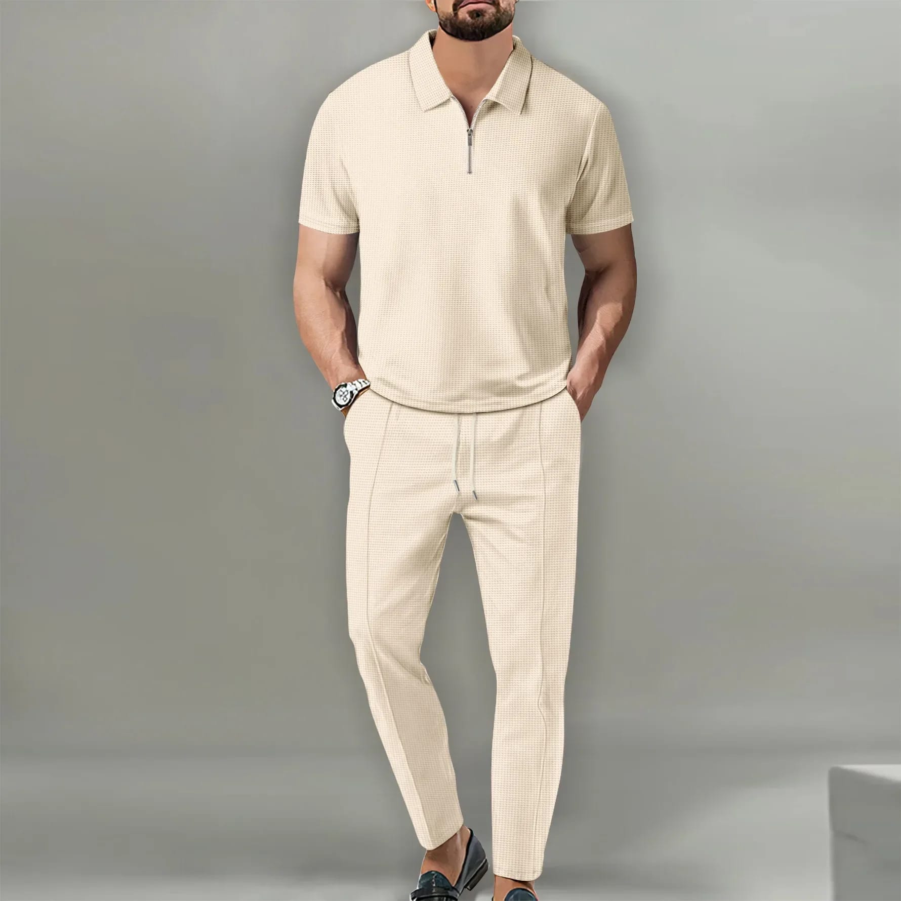 Conjunto Casual de Hombre Textura Waffle (2 Piezas). Nueva colección, estilo Europeo/Americano. Incluye camiseta de cuello cómodo y pantalón deportivo con cierre. Color sólido, máximo confo