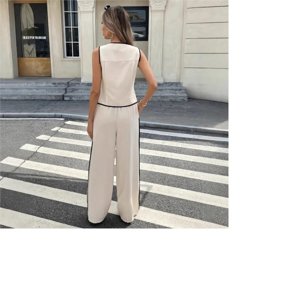Conjunto de Verano Mujer: Chaleco sin Mangas Abotonado y Pantalón Ancho Suelto con Cordón. Traje Femenino de Moda de 2 Piezas.