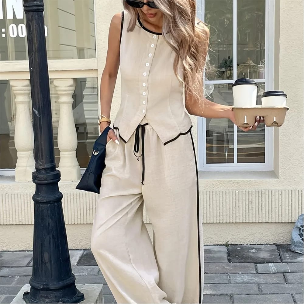 Conjunto de Verano Mujer: Chaleco sin Mangas Abotonado y Pantalón Ancho Suelto con Cordón. Traje Femenino de Moda de 2 Piezas.
