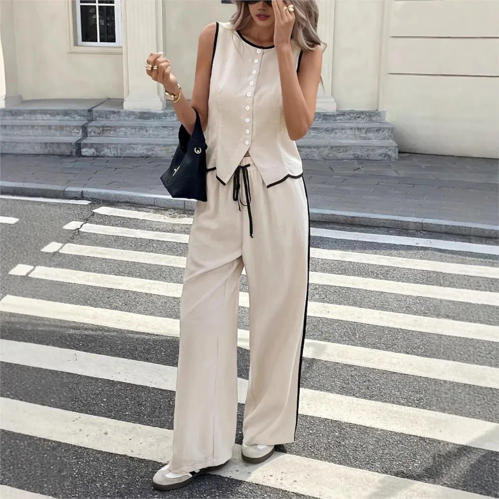 Conjunto de Verano Mujer: Chaleco sin Mangas Abotonado y Pantalón Ancho Suelto con Cordón. Traje Femenino de Moda de 2 Piezas.
