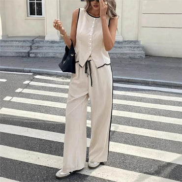 Conjunto de Verano Mujer: Chaleco sin Mangas Abotonado y Pantalón Ancho Suelto con Cordón. Traje Femenino de Moda de 2 Piezas.