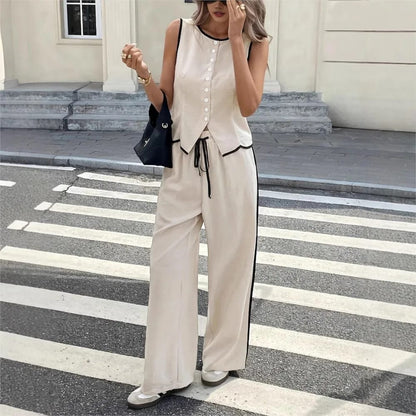 Conjunto de Verano Mujer: Chaleco sin Mangas Abotonado y Pantalón Ancho Suelto con Cordón. Traje Femenino de Moda de 2 Piezas.