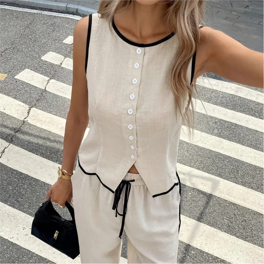 Conjunto de Verano Mujer: Chaleco sin Mangas Abotonado y Pantalón Ancho Suelto con Cordón. Traje Femenino de Moda de 2 Piezas.