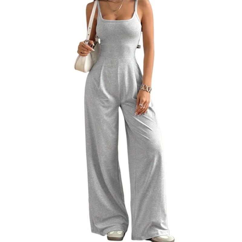 Enterito Casual de Mujer con Cuello Halter y Espalda Descubierta. Mono sin mangas, de corte entallado y pierna larga hasta el piso. Perfecto para Primavera y Verano, ideal para un look diario elegante