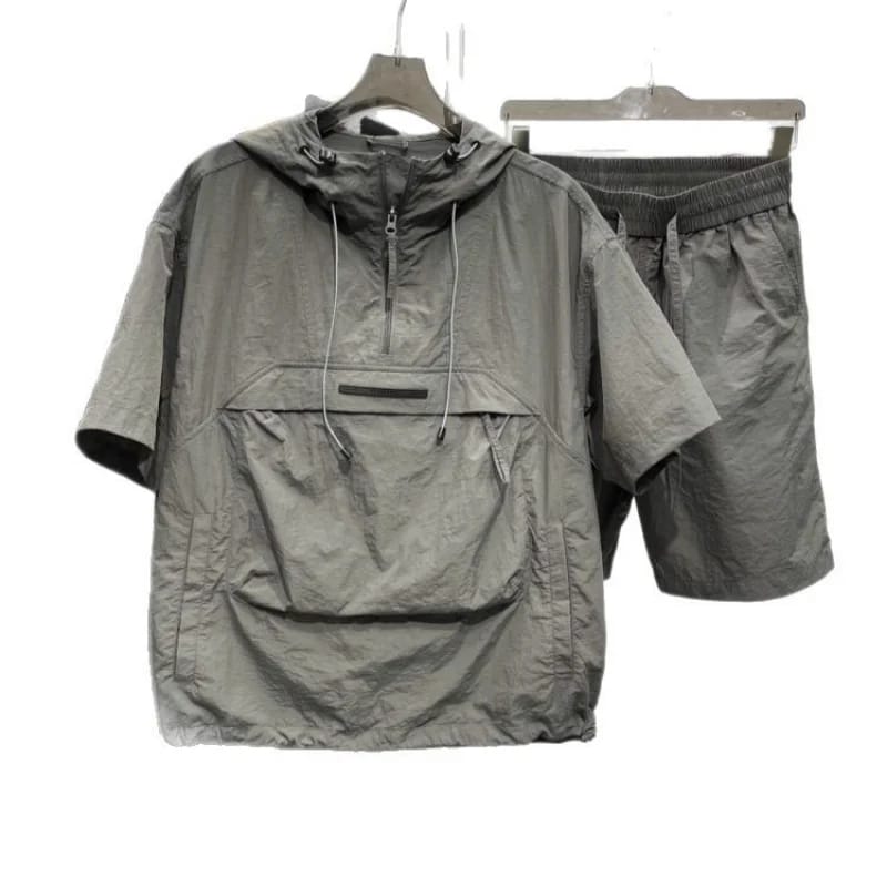 Conjunto casual de verano 2025 para hombre, de 2 piezas, con capucha, media cremallera, manga corta y shorts. Talle grande, con bolsillos amplios y corte suelto. Talles M-8XL.