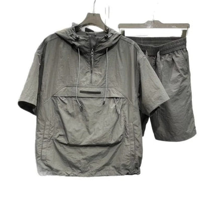 Conjunto casual de verano 2025 para hombre, de 2 piezas, con capucha, media cremallera, manga corta y shorts. Talle grande, con bolsillos amplios y corte suelto. Talles M-8XL.