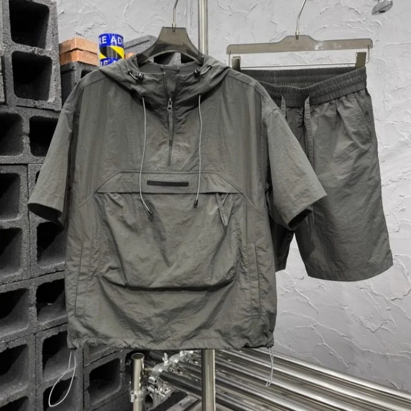 Conjunto casual de verano 2025 para hombre, de 2 piezas, con capucha, media cremallera, manga corta y shorts. Talle grande, con bolsillos amplios y corte suelto. Talles M-8XL.