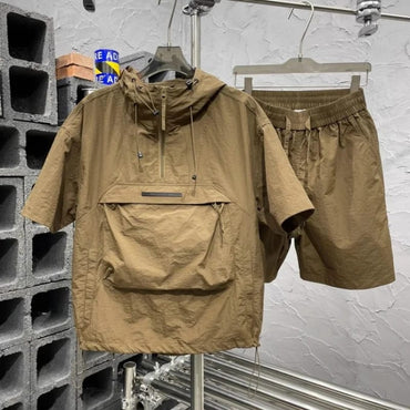 Conjunto casual de verano 2025 para hombre, de 2 piezas, con capucha, media cremallera, manga corta y shorts. Talle grande, con bolsillos amplios y corte suelto. Talles M-8XL.