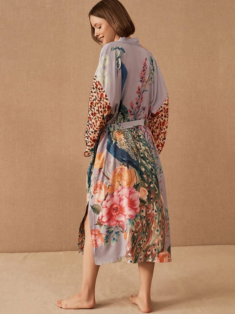 Kimono de Playa para Mujer, Salida de Baño con Estampado Pavo Real