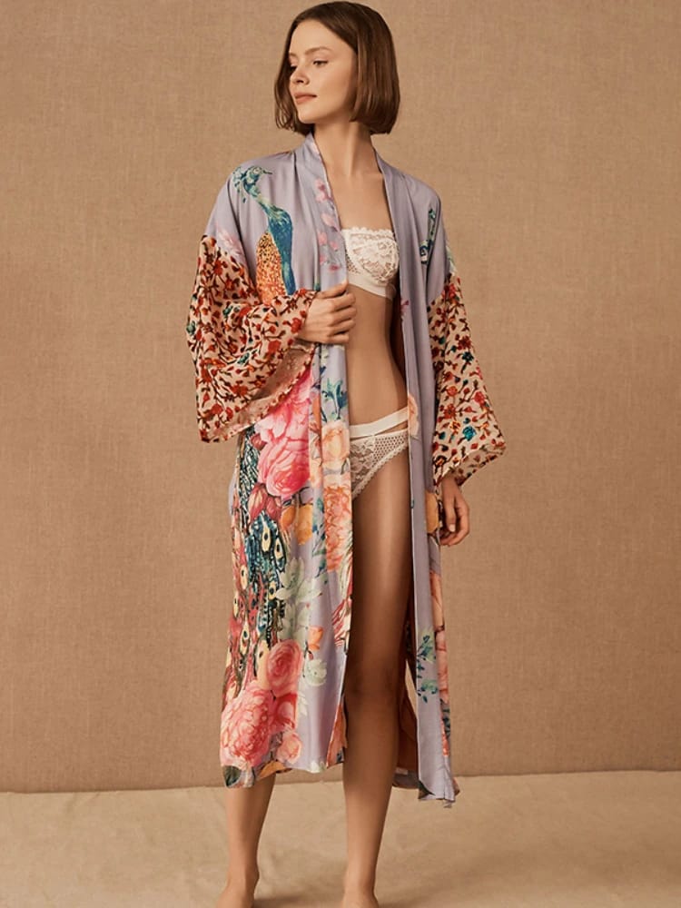 Kimono de Playa para Mujer, Salida de Baño con Estampado Pavo Real