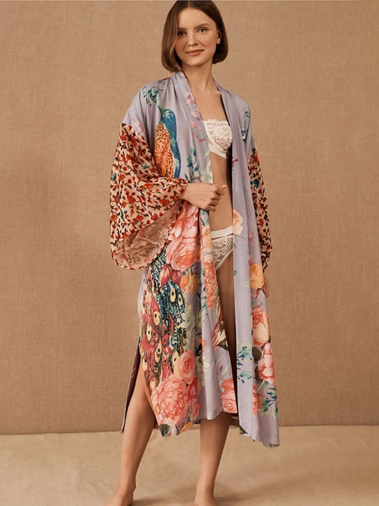 Kimono de Playa para Mujer, Salida de Baño con Estampado Pavo Real