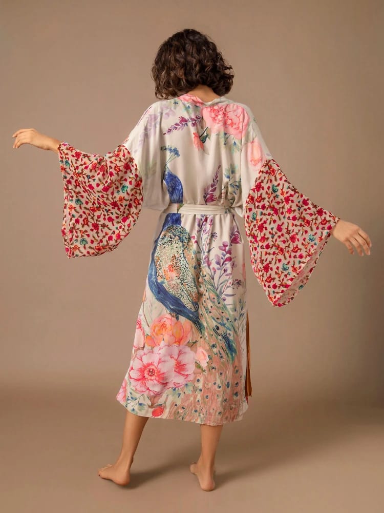Kimono de Playa para Mujer, Salida de Baño con Estampado Pavo Real