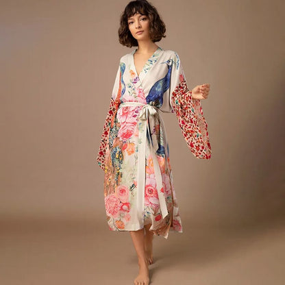 Kimono de Playa para Mujer, Salida de Baño con Estampado Pavo Real